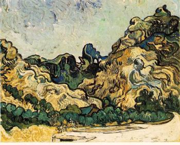 Vincent Van Gogh : Mountains at Saint-Remy with Dark Cottage